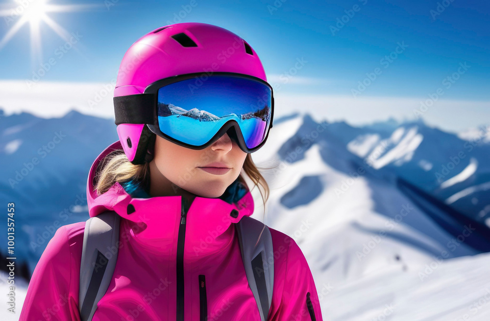 Happy snowboarder skier woman wear pink suit goggles mask hat ski padded jacket look at camera on snow mountain nature background. Happy snowboarder skier woman wear pink suit goggles mask hat ski padded jacket look at camera on snow mountain nature background.