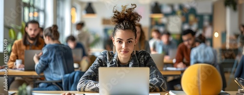 Diverse Team Focused on Laptops in Bright Modern Workspace