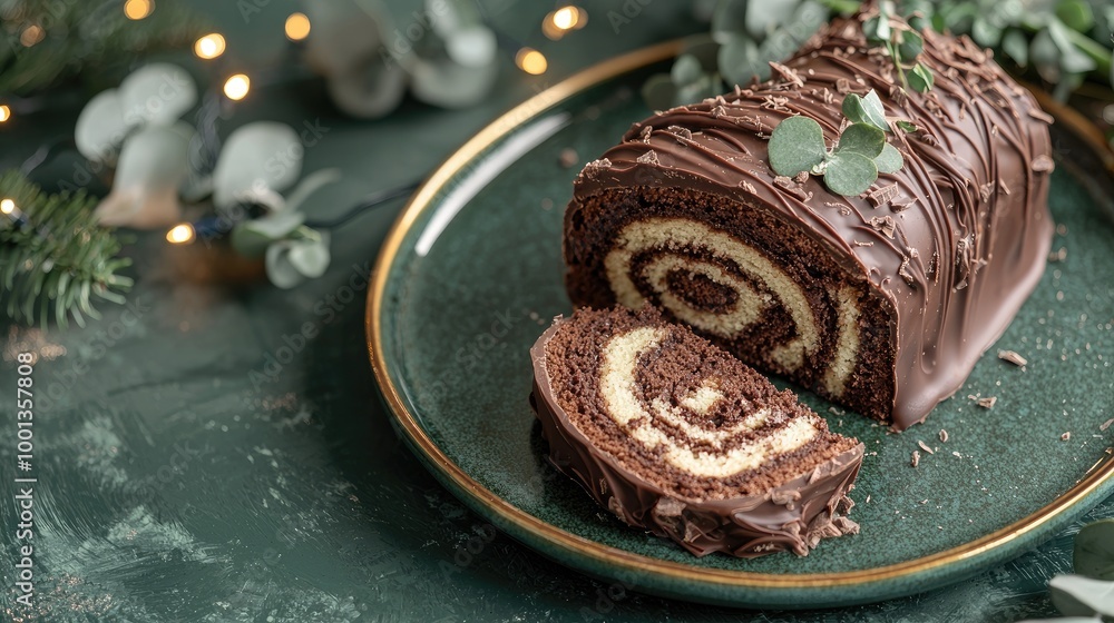 a chocolate yule log with a slice sits on a deep green ceramic plate with a gold rim. chocolate swirl. The plate sits on a textured deep green background, a chocolate yule log with a slice sits on a deep green ceramic plate with a gold rim. chocolate swirl. The plate sits on a textured deep green background,