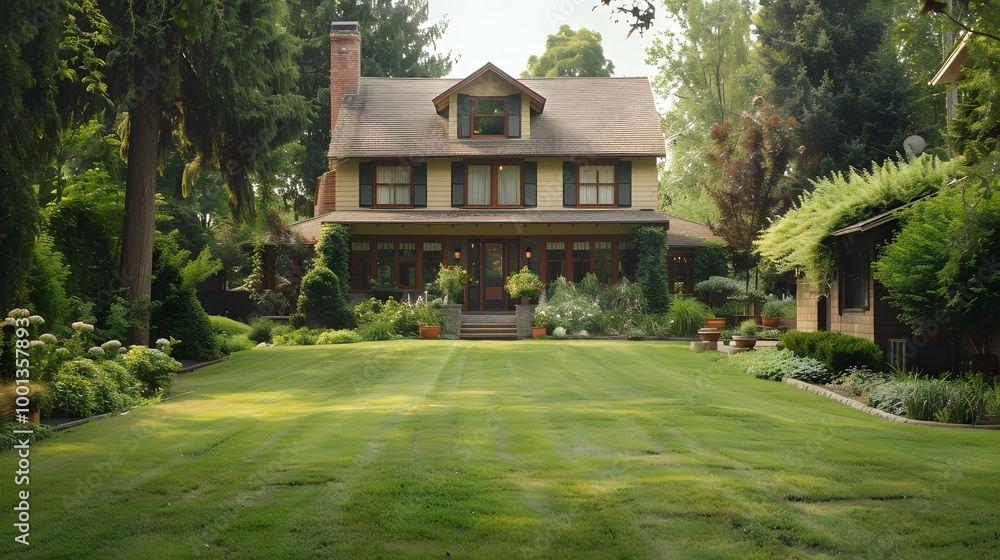 A Quaint Suburban House with a Lush Lawn A Quaint Suburban House with a Lush Lawn
