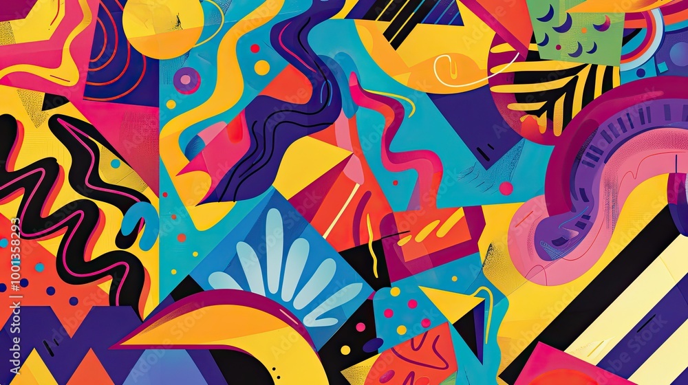 Fragmented geometric shapes and vivid color gradients in a playful 70s design Fragmented geometric shapes and vivid color gradients in a playful 70s design