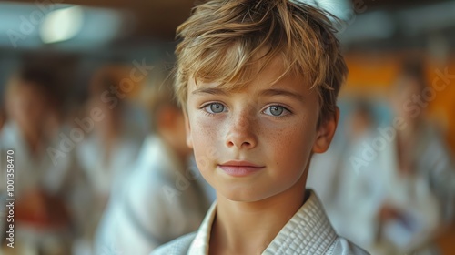 Smiling European Boy at Judo/Karate Training Lesson Poses for Camera