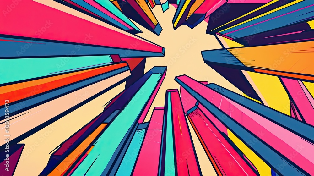 Fototapeta premium Jagged shapes bright hues and comic lines in a retro chic wallpaper design