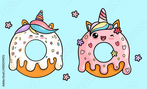 Funny donut unicorn with drops icing. Cute isolated delicious pastries cartoon kawaii character sweet food. Vector illustration. Kids collection