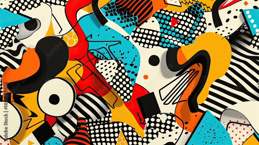 Vibrant shapes and clean lines with comic accents in a retro chic 70s wallpaper Vibrant shapes and clean lines with comic accents in a retro chic 70s wallpaper