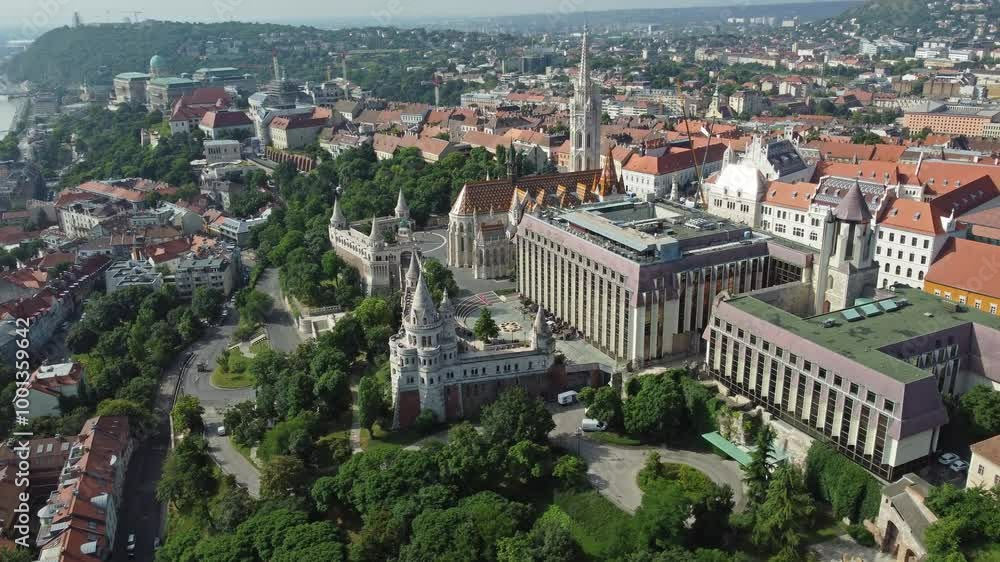 Aerial around view of Fishermen's bastion in historical district of Budapest, Hungary, 4k Aerial around view of Fishermen's bastion in historical district of Budapest, Hungary, 4k