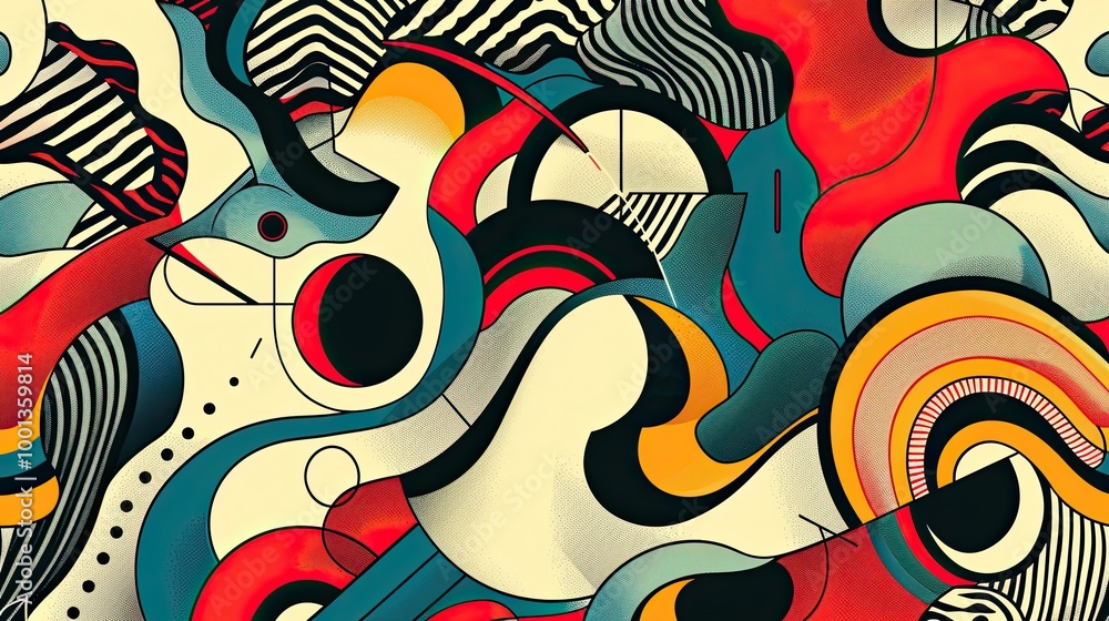 Obraz premium Bold geometric shapes bright hues and comic lines in a dynamic 70s wallpaper