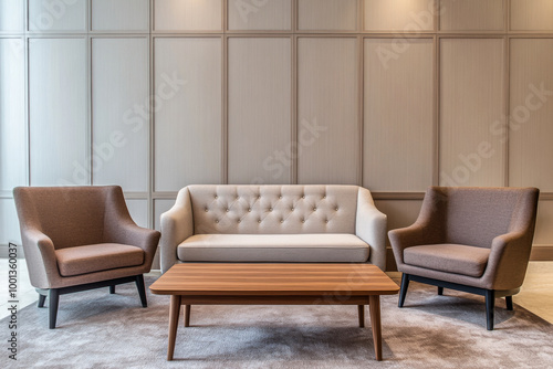 Modern living room interior featuring a beige tufted sofa and two brown armchairs with a wooden coffee table