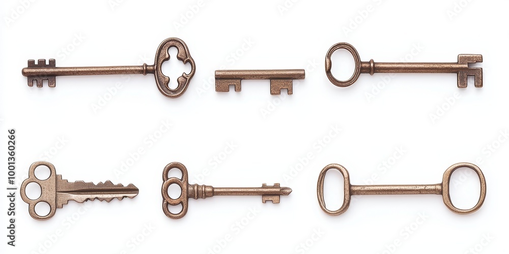 A set of house keys on solid white background, single object A set of house keys on solid white background, single object