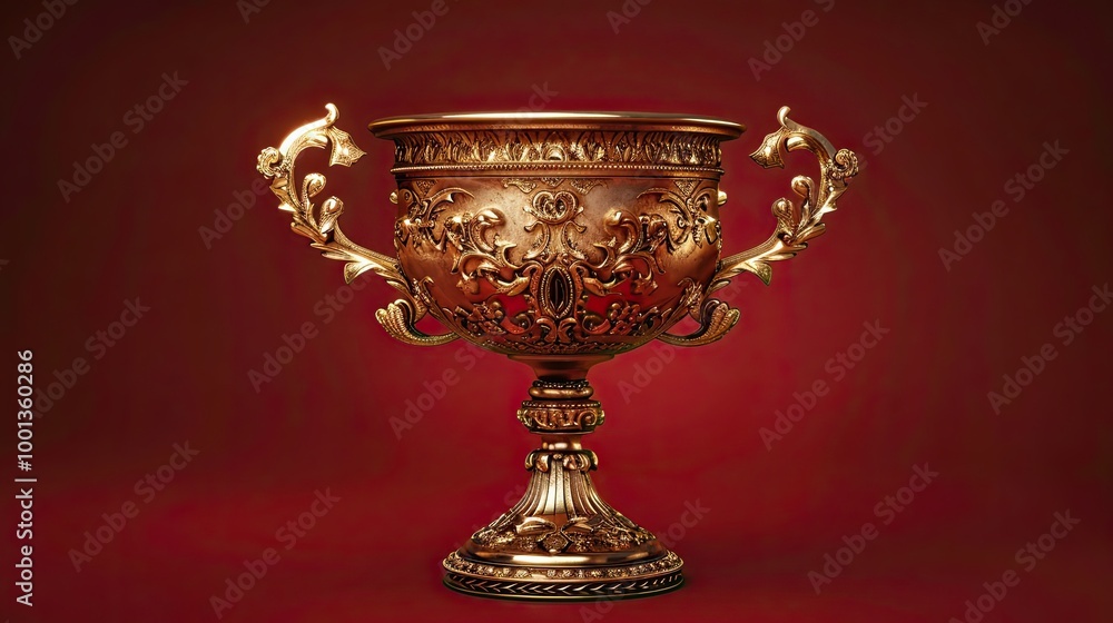 Golden chalice trophy with ornate engravings reflecting light against a deep red background Golden chalice trophy with ornate engravings reflecting light against a deep red background