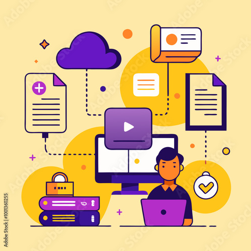Illustration of virtual workspace with connectivity to shared documents and workspace. Editable vector SVG