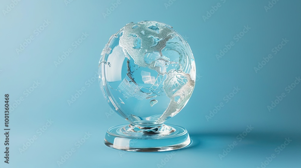 Trophy shaped like a crystal globe detailed engravings on a light blue background