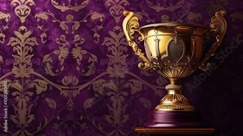 Gold trophy with delicate scrollwork traditional cup shape displayed on purple wallpaper