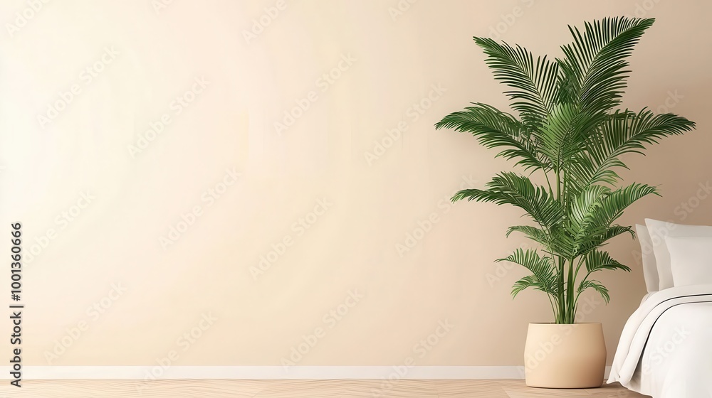 Bedroom with a large, indoor palm tree growing through a planter next to the bed, palm tree bedroom, tropical retreat Bedroom with a large, indoor palm tree growing through a planter next to the bed, palm tree bedroom, tropical retreat