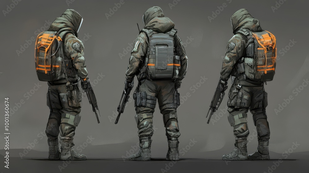 Futuristic Soldier in Camouflage Gear with Backpack and Weapon Futuristic Soldier in Camouflage Gear with Backpack and Weapon