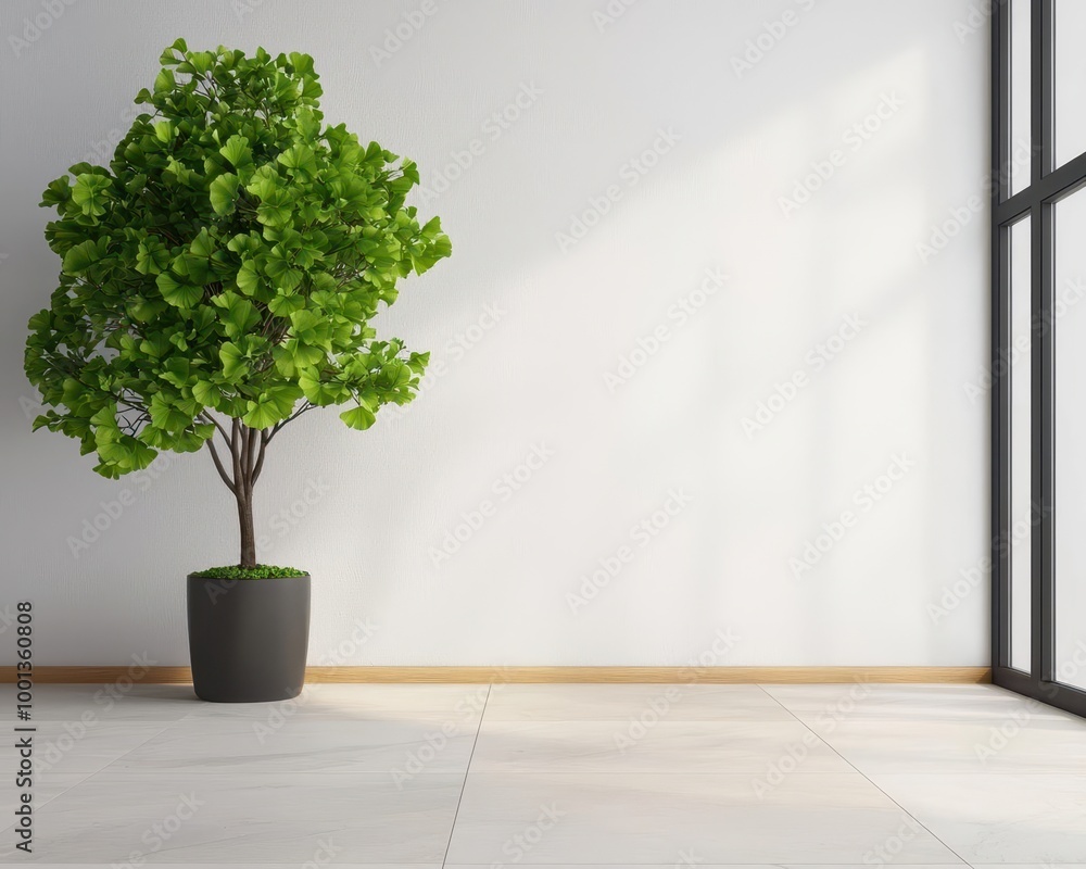 Fototapeta premium Modern home with a central atrium featuring a tall ginkgo tree, ginkgo atrium, timeless beauty