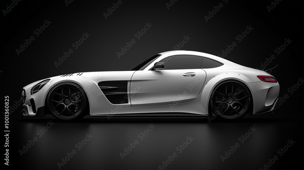 Fototapeta premium Modern white sports car on black background. Side view. sports. Illustrations 