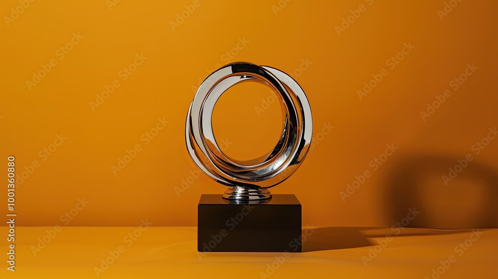 Silver trophy with interlocking rings design set on black base mustard yellow backdrop Silver trophy with interlocking rings design set on black base mustard yellow backdrop