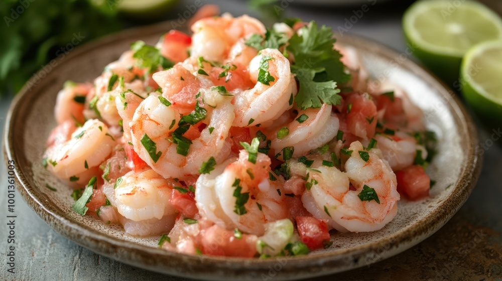 A plate of lime-marinated shrimp ceviche, with fresh cilantro leaves adding a pop of green, ready to serve. A plate of lime-marinated shrimp ceviche, with fresh cilantro leaves adding a pop of green, ready to serve.