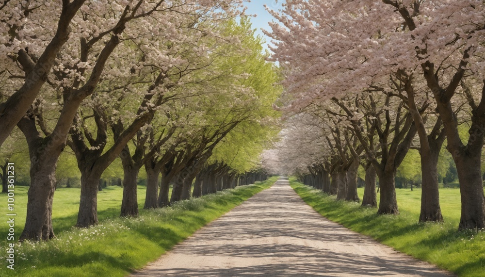 A tranquil spring stroll down a tree-lined road surrounded by blossoming cherry blossoms and fresh greenery A tranquil spring stroll down a tree-lined road surrounded by blossoming cherry blossoms and fresh greenery