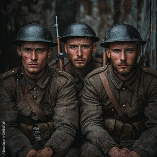 Three soldiers of the First World War sit together in a trench holding rifles and exuding a serious demeanor. Their rugged uniforms and expressions reflect the challenges of combat.