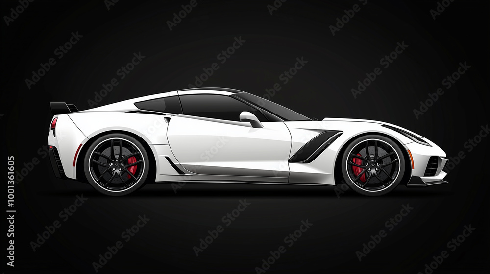 Fototapeta premium Modern white sports car on black background. Side view. sports. Illustrations 