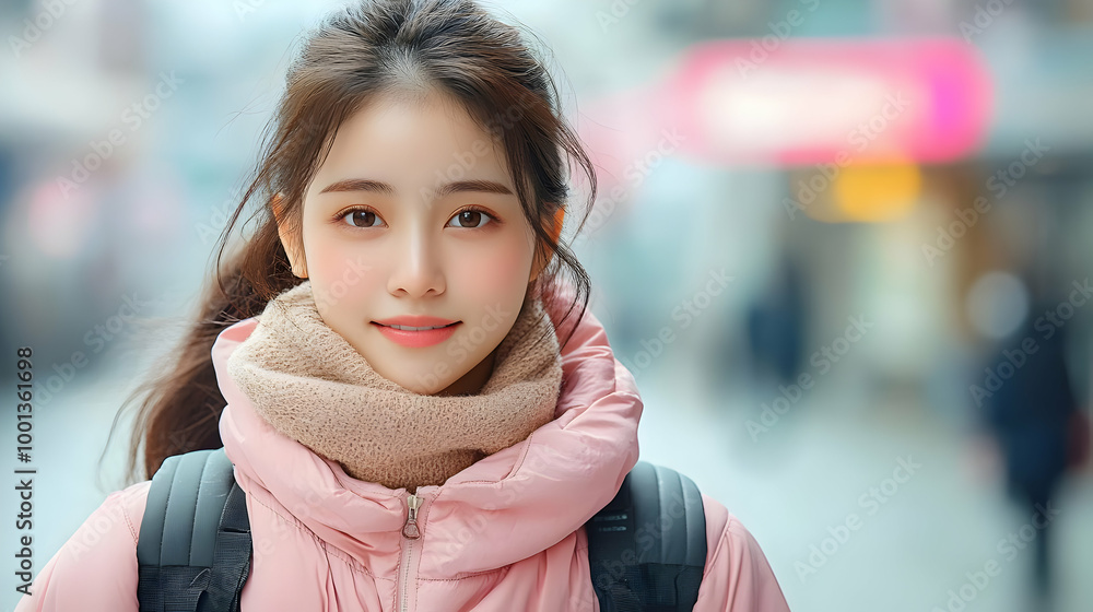 Smiling Woman in Pink Jacket Wearing a Scarf in the City Smiling Woman in Pink Jacket Wearing a Scarf in the City