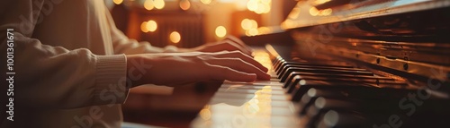 Close-up of hands playing a piano with warm lighting.