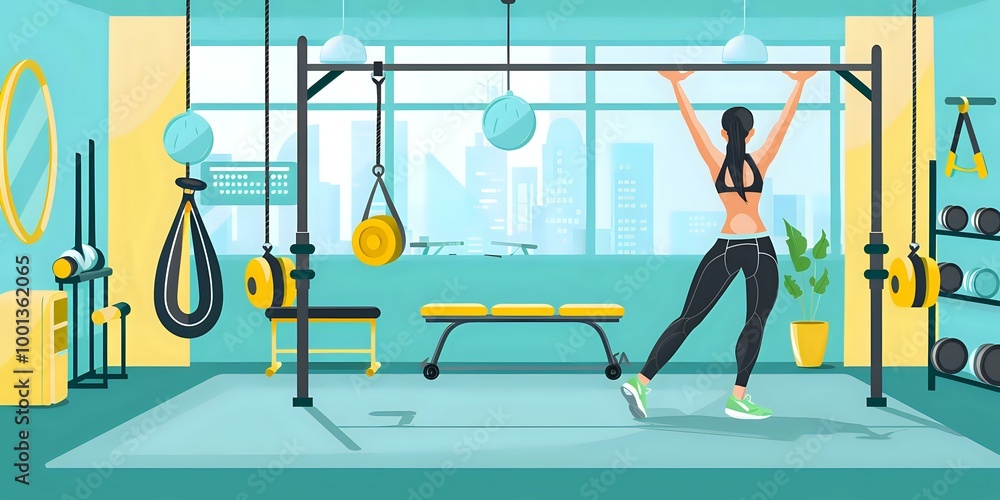 Fototapeta premium A modern gym interior featuring a woman exercising on a pull-up bar.