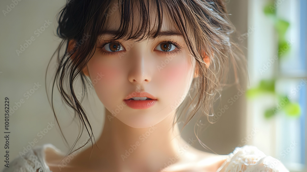 Stunning Close-Up Portrait of a Woman with Long, Wavy Hair Stunning Close-Up Portrait of a Woman with Long, Wavy Hair