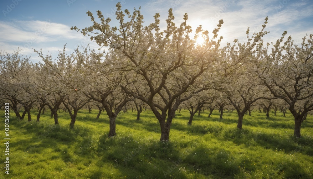 Blooming cherry trees bask in warm sunlight during a serene spring afternoon in a lush orchard Blooming cherry trees bask in warm sunlight during a serene spring afternoon in a lush orchard