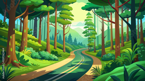 A winding road through a dense, lush green forest