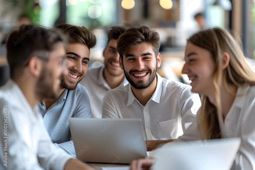 Happy Team Discussing Ideas on Laptop in Casual Workplace Happy Team Discussing Ideas on Laptop in Casual Workplace