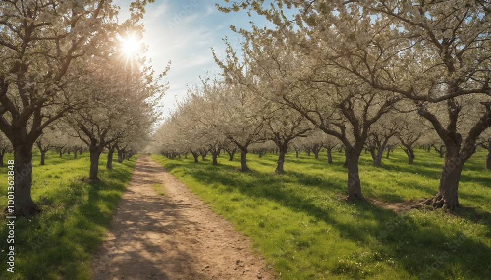 A tranquil spring day among blossoming orchard trees stretching endlessly under the bright blue sky A tranquil spring day among blossoming orchard trees stretching endlessly under the bright blue sky