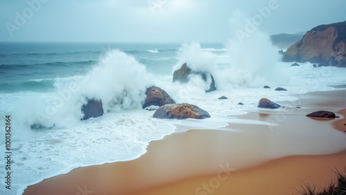 Powerful waves crashing onto rugged rocks photo