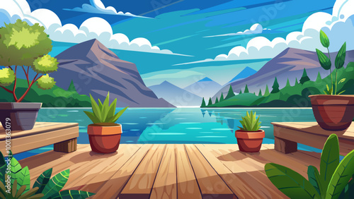 A wooden deck overlooking a serene lake with mountains in the distance. The sky is filled with fluffy white clouds and the water reflects the beautiful scenery. There are potted plants on the deck