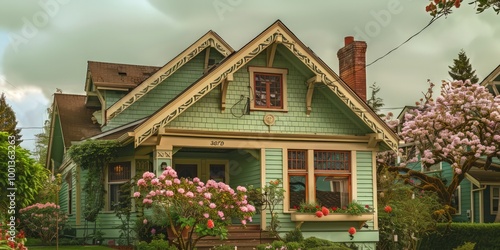 Cozy urban craftsman house in seafoam green, with decorative trim, blooming flowers, and an overcast day.