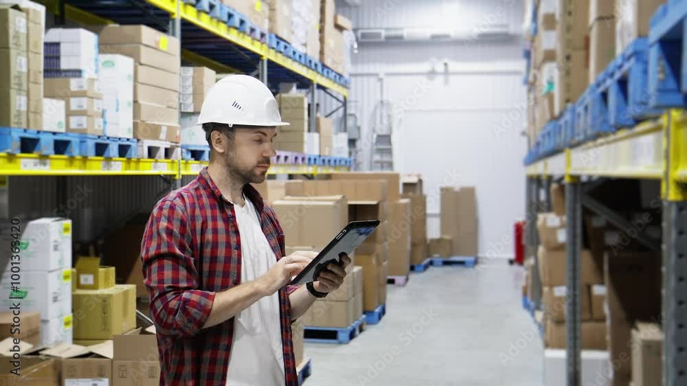 Portrait of warehouse worker using digital tablet while looking at warehouse storage area. Young caucasian warehouse inspector checking inventory using digital tablet. Portrait of warehouse worker using digital tablet while looking at warehouse storage area. Young caucasian warehouse inspector checking inventory using digital tablet.