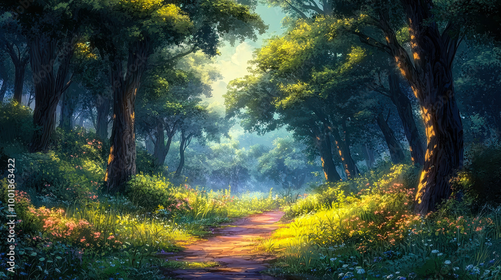 Obraz premium Enchanting Fantasy Forest Path Illuminated by Sunlight, Magical Woodland Scene with Lush Greenery, Flowers, and a Serene Trail Leading to a Hidden Destination