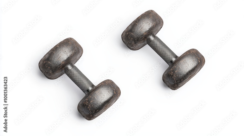 A pair of dumbbells on solid white background, single object A pair of dumbbells on solid white background, single object