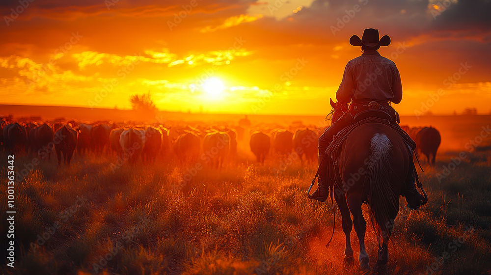 Cowboy Leading Cattle on Horseback at Sunset on Vast Plains with Golden Glow Guiding Herd in Breathtaking Western Landscape Cowboy Leading Cattle on Horseback at Sunset on Vast Plains with Golden Glow Guiding Herd in Breathtaking Western Landscape