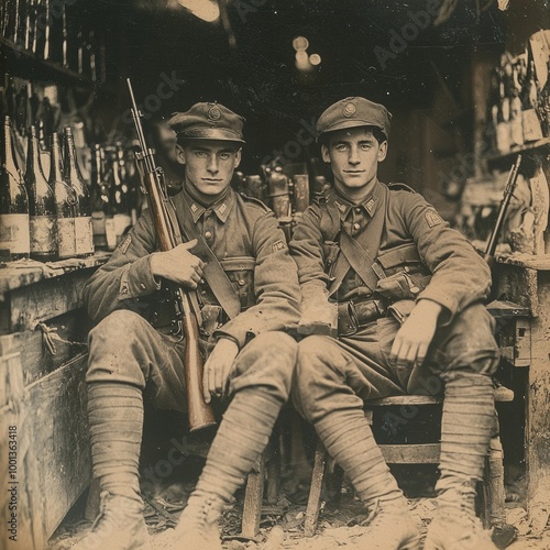 Two soldiers from the First World War sit confidently with their rifles in a vintage setting filled with bottles capturing a moment of camaraderie in wartime. photo