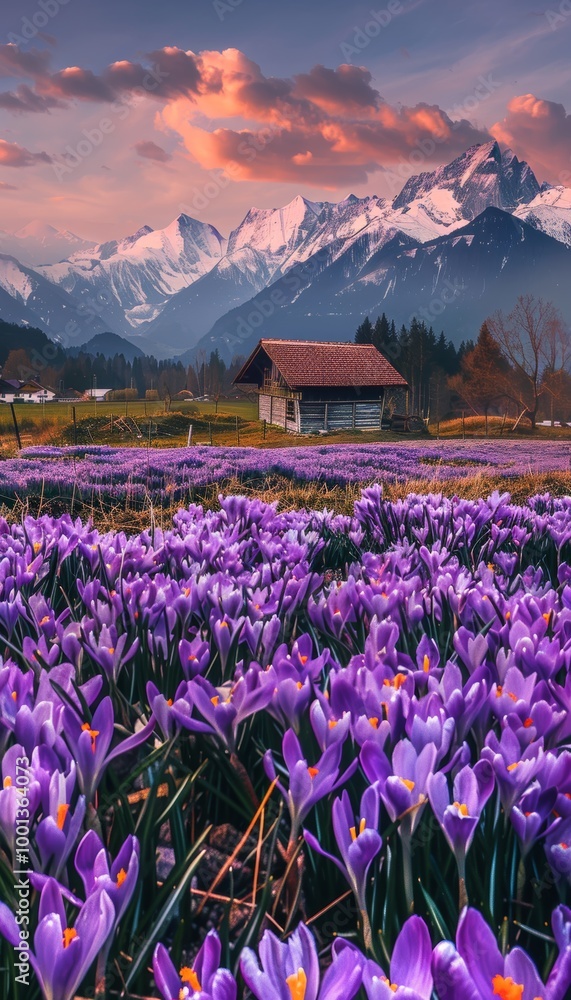Stunning landscape of purple saffron flowers with old house and majestic snow capped mountains Stunning landscape of purple saffron flowers with old house and majestic snow capped mountains