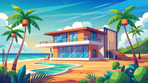 A modern tropical beach house with a flat roof and large windows overlooking a sandy beach, palm trees, and a clear blue ocean