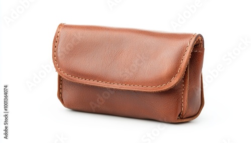 A leather coin purse on solid white background, single object