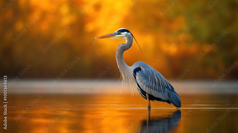 Naklejka premium A great blue heron stands gracefully in calm waters, surrounded by autumn foliage.