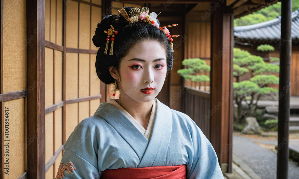 A woman in a traditional Japanese kimono stands in a doorway, her hair styled in a traditional bun with intricate hair ornaments A woman in a traditional Japanese kimono stands in a doorway, her hair styled in a traditional bun with intricate hair ornaments