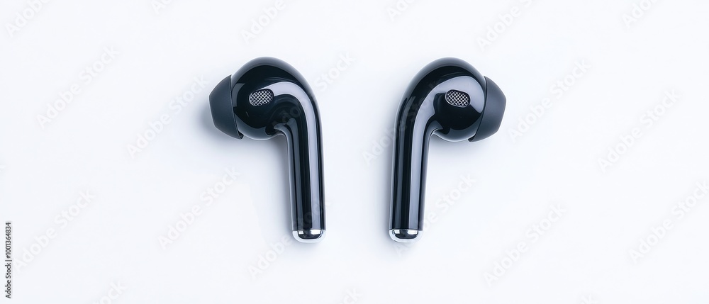 A pair of wireless earphones on solid white background, single object A pair of wireless earphones on solid white background, single object