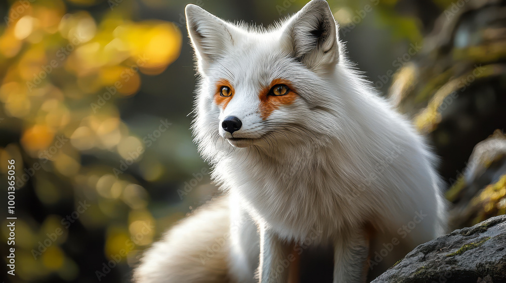 Obraz premium Majestic White Fox in Forest Setting, Golden Hour Light, Captivating Wildlife Portrait, Nature Themed Fantasy Scene, Enchanting Autumn Background, Eye-Catching Woodland Creature Display