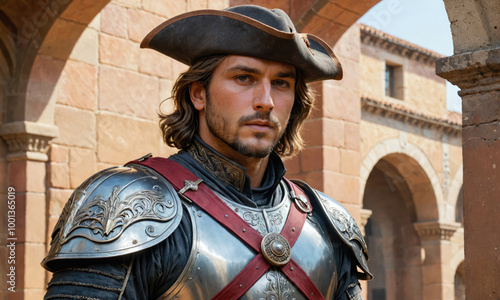 A man wearing a tricorn hat and armor stands in an arched doorway photo